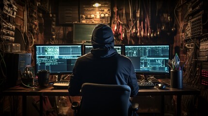 Obraz premium Programmer engrossed in work, face covered by computer setup from behind