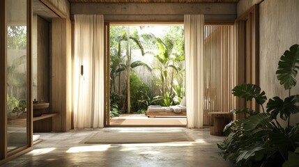 Fototapeta premium 2410 59.A bright and airy loft room with a combination of raw concrete flooring and warm wooden planks overhead, large open doors showcase the lush green tropical garden outside, offering a tranquil