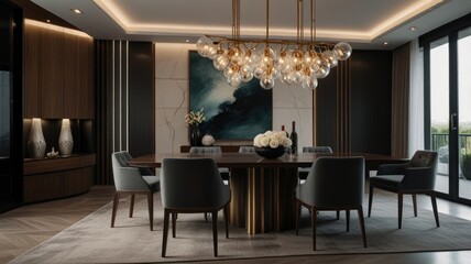 Modern dining room with large windows, wooden floor, a large dining table with chairs, a large chandelier and a painting on the wall.