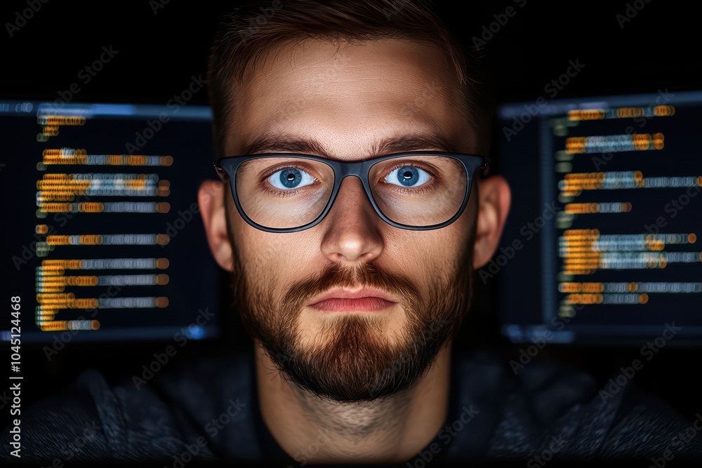 Poster focused young man in glasses working on programming code at a dual monitor setup.