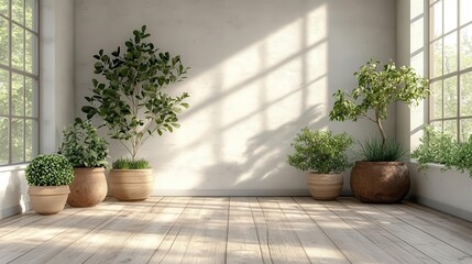 Fototapeta premium empty white room with wooden floor and potted plants, creating a fresh and inviting space that emphasizes minimalism and the beauty of indoor greenery