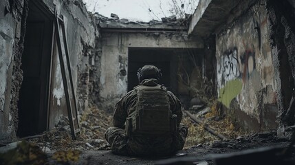 Soldier in Abandoned Urban Ruins During Tactical Operation with Dilapidated Structures. Generated ai.