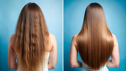 Long brown hair before and after hair straightening against blue background