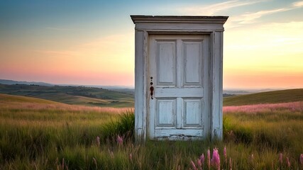 Dreamy Pastel Landscape - White Door, Pink Grass, Depth of Field