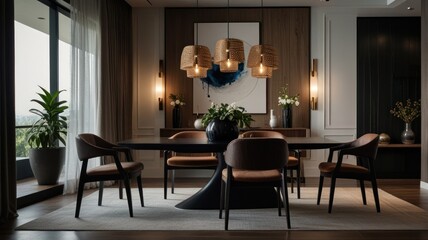 Fototapeta premium A modern dining room with a black table, brown chairs, and a white rug. There is a large window with a view of a city and a plant in the corner.