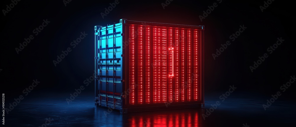 Poster futuristic data storage cube illuminated with red and blue lights, isolated on a dark background.