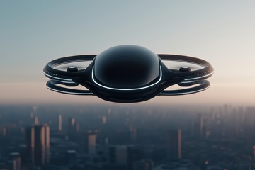 Futuristic drone flying over a cityscape during sunset, showcasing advanced design and innovative technology.