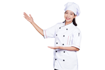Asian woman chef in uniform showing presentation gesture isolated transparent