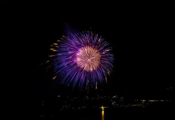 Fototapeta premium A vibrant purple and pink firework bursts against a black night sky, isolated from the distant cityscape reflected in the water below.