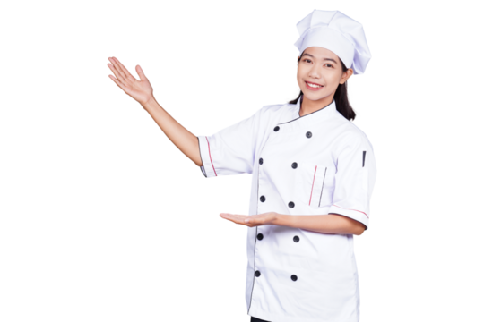Asian woman chef in uniform showing presentation gesture isolated transparent