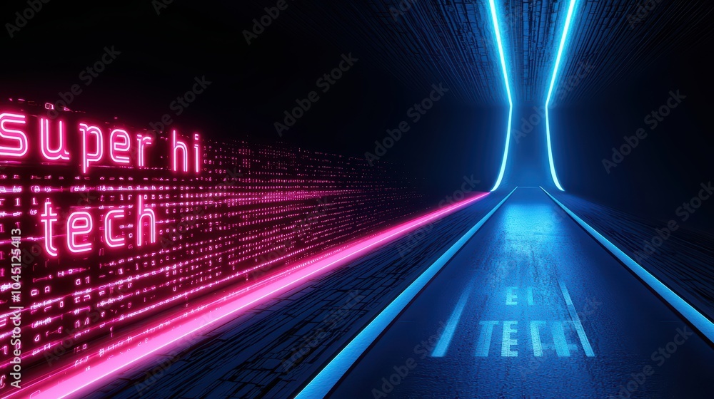 Poster futuristic tunnel with bright neon lights and digital patterns, creating a high-tech atmosphere.