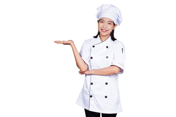 Asian woman chef in uniform showing presentation gesture isolated transparent