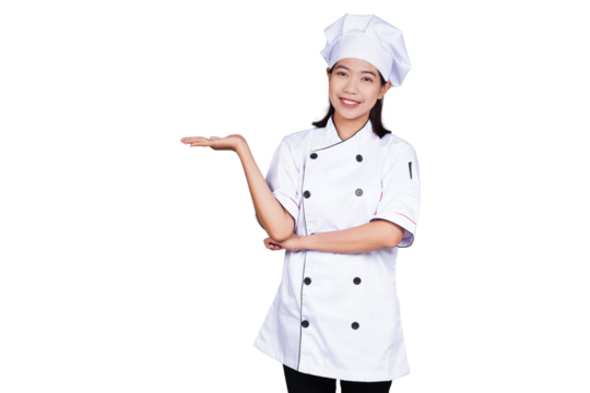 Asian woman chef in uniform showing presentation gesture isolated transparent