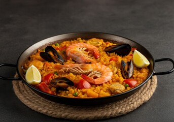 Bright and appetizing images of Spanish paella with an emphasis on fresh and colorful ingredients