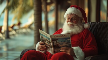 Santa Claus relaxing while reading a magazine in a tropical setting.
