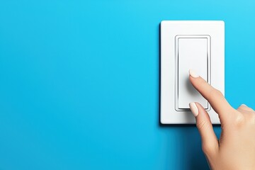 Hand pressing a light switch on a blue wall, modern and minimalistic design.