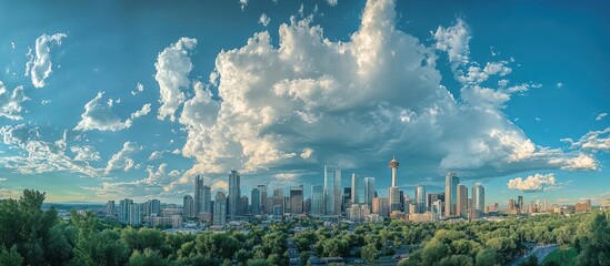 A panoramic view of a city skyline with a large white cloud in the sky.