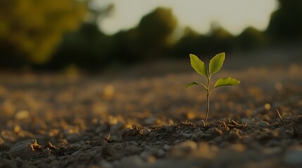 A dramatic close-up of a sapling growing from cracked, dry soil, with the vibrant green of the new life standing out in high resolution, while the barren landscape around it blurs into soft bokeh