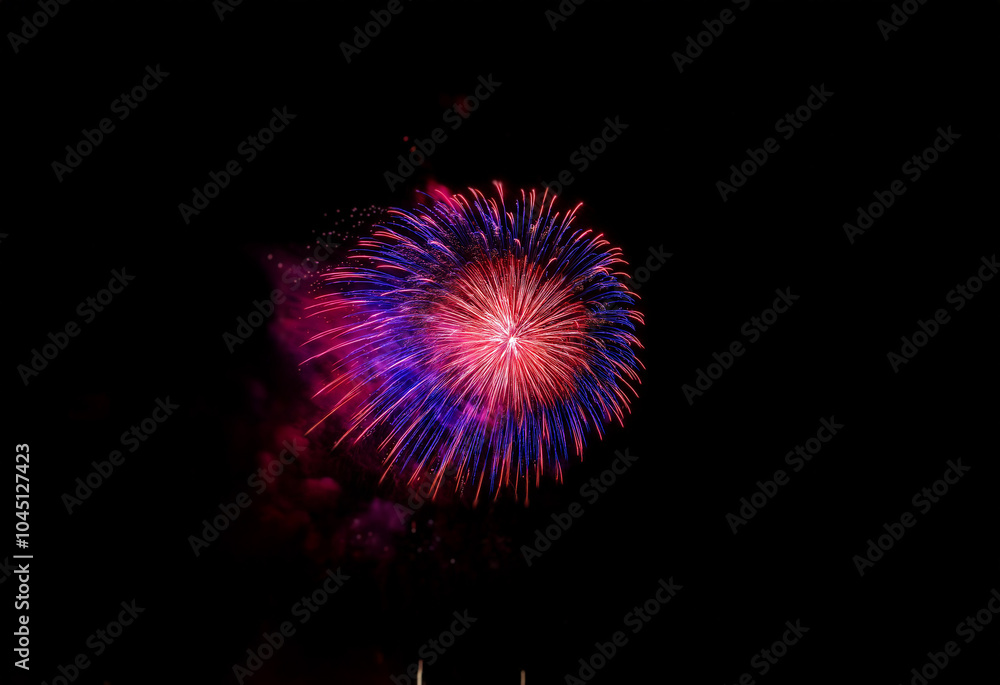 Poster A single firework explodes in a burst of red and blue against a dark, isolated background.