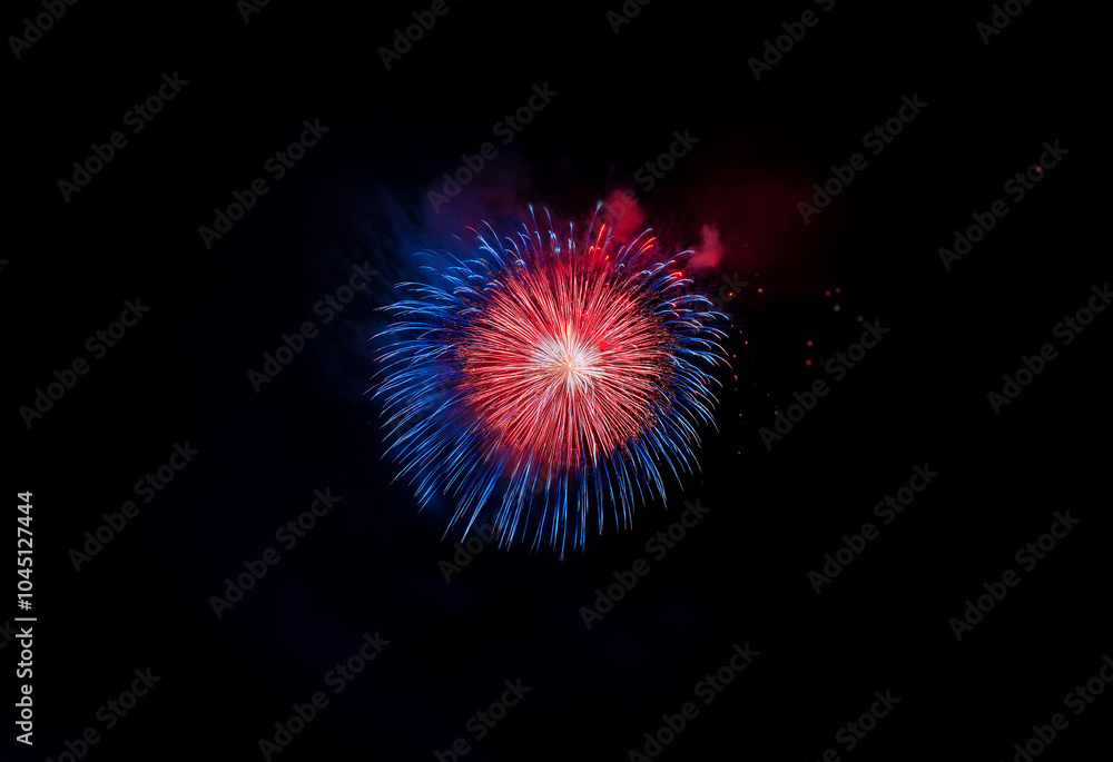 Poster An isolated firework explodes in a vibrant display of red and blue against a black background.