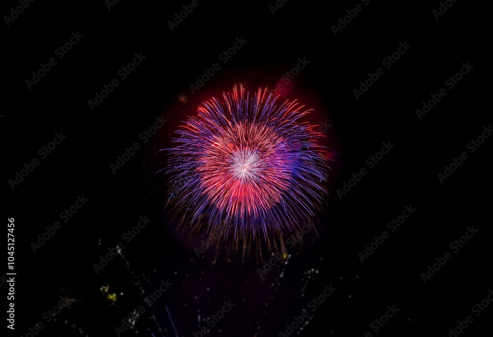 Poster a single red and blue firework explodes against a dark background.