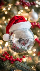 Silver disco ball wearing santa hat hanging on christmas tree