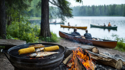 Obraz premium Lakeside Grill: Canoes and Campfire Cooking 