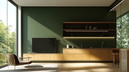 2410 20.A warm-toned living space featuring a sleek TV cabinet in front of a deep green wall, leading towards an open-concept kitchen with soft wood accents, illuminated by natural light filtering