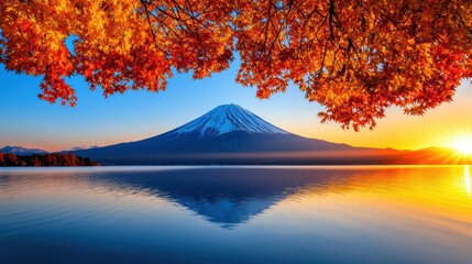 Majestic landscape of Mount Fuji during autumn with colorful leaves against a tranquil lake at...