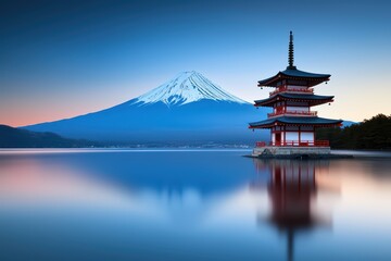 Majestic view of Mount Fuji with a traditional pagoda reflecting in serene waters.