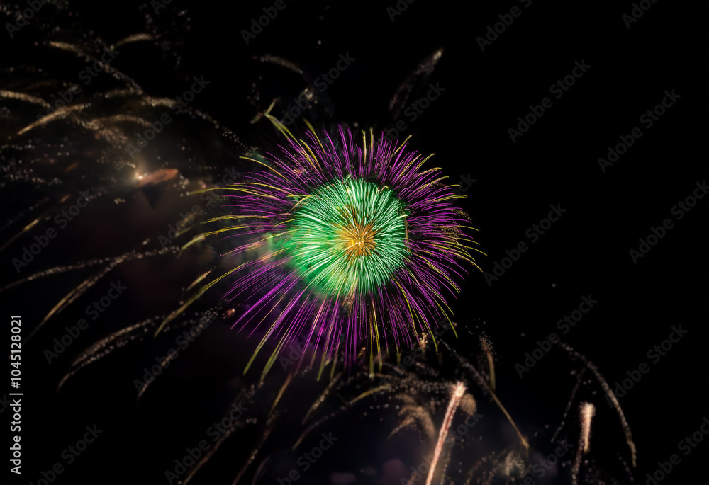 Aufkleber a single, vibrant firework explodes in a circular shape against a dark, night sky.