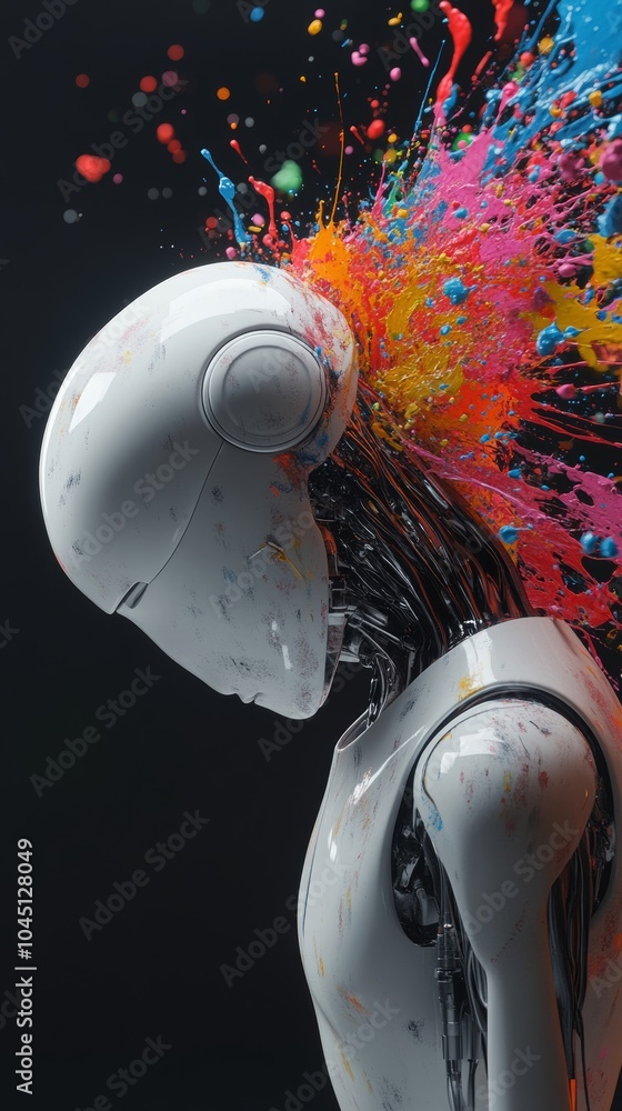 Poster white robot getting splashed with colorful paint explosion