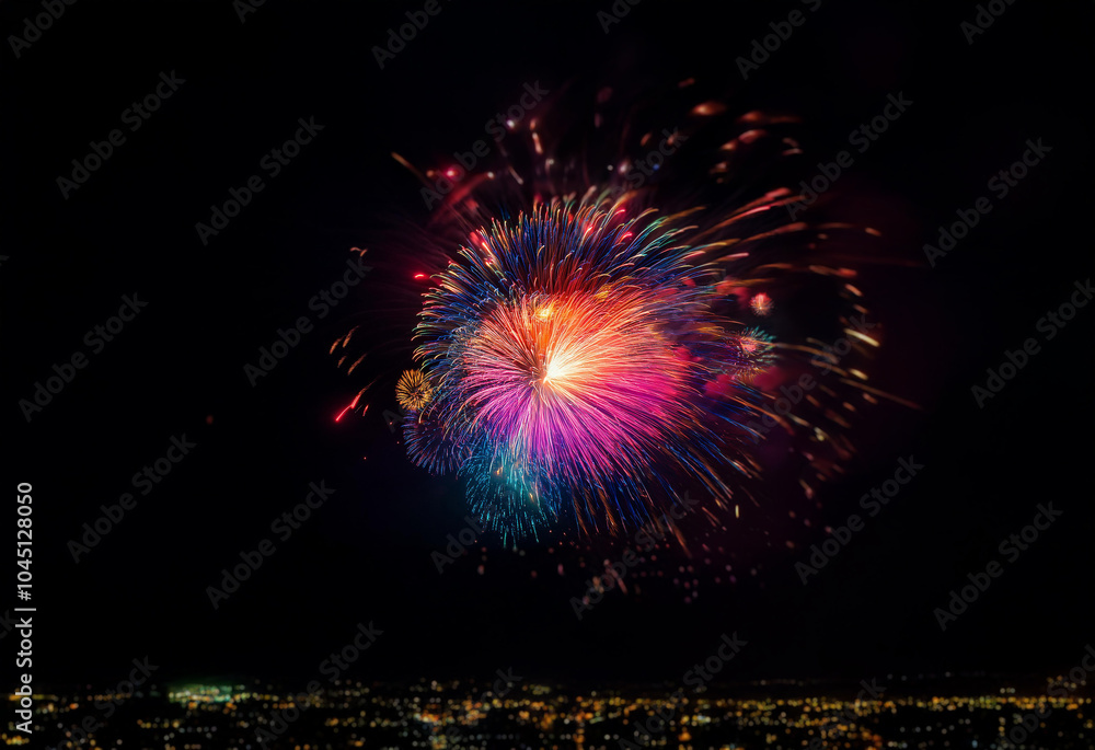 Wall mural An isolated firework bursts against a dark background, with colorful streaks reaching towards the sky.