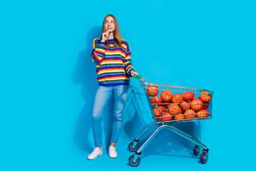 Photo of lovely pretty girl wear striped colorful clothes push cart pumpkin harvest empty space...