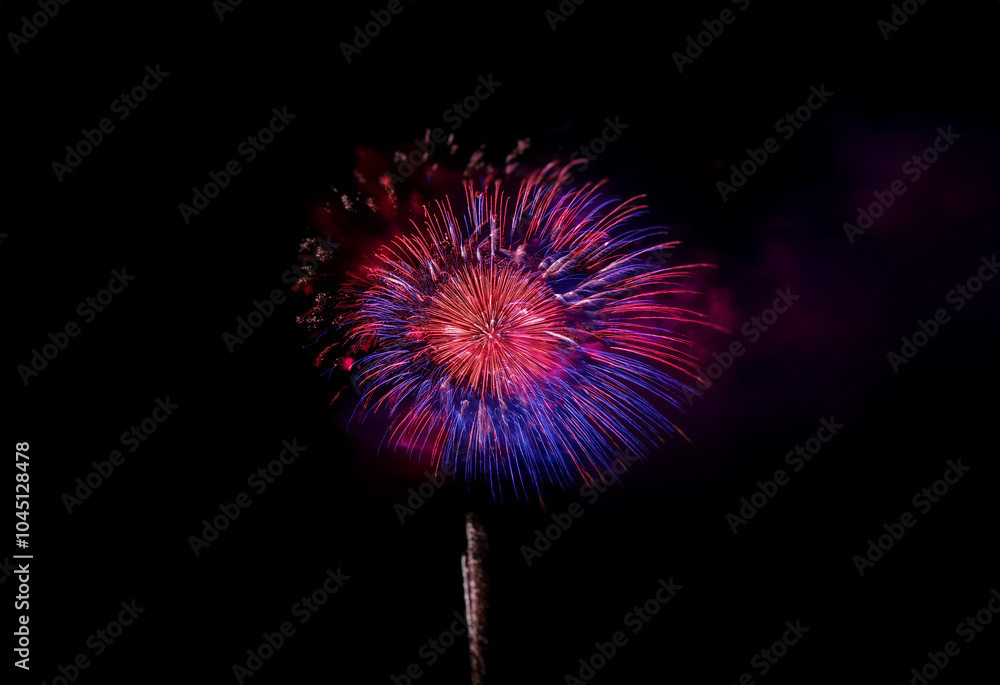 Poster A single firework explodes in a burst of red and blue against a dark, isolated background.