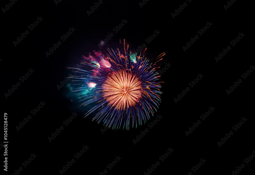 Poster An isolated firework display explodes against a black background, creating a burst of colorful light.