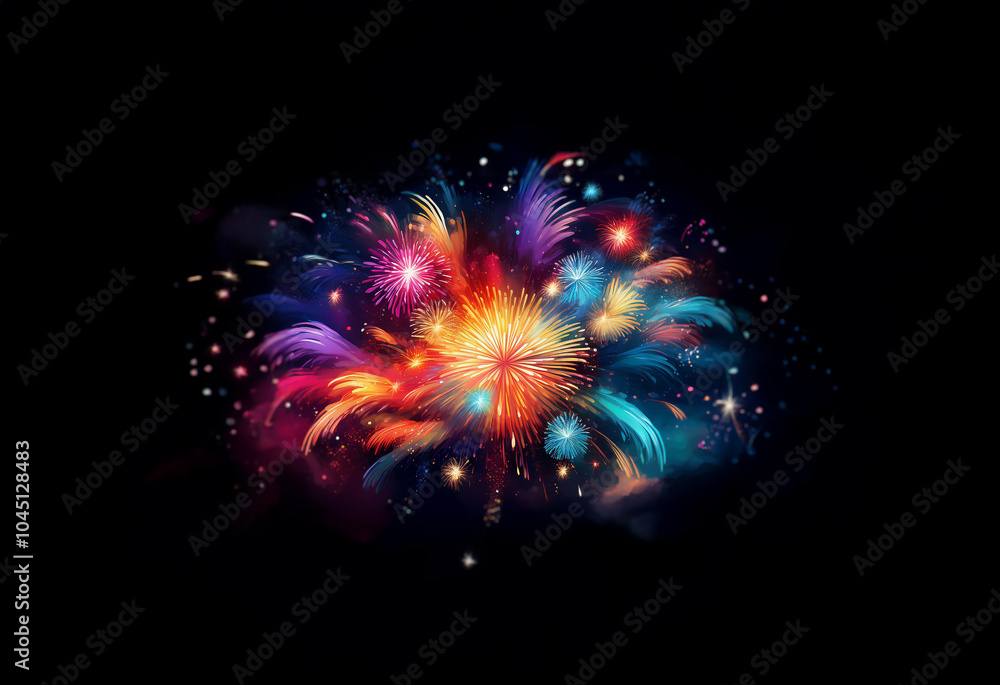 Wall mural A vibrant display of fireworks explodes against a black background.