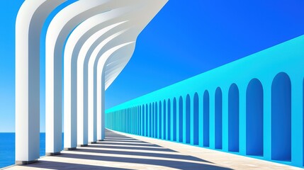 Naklejka premium Modern architectural design featuring arches and a vibrant color scheme against a clear blue sky.
