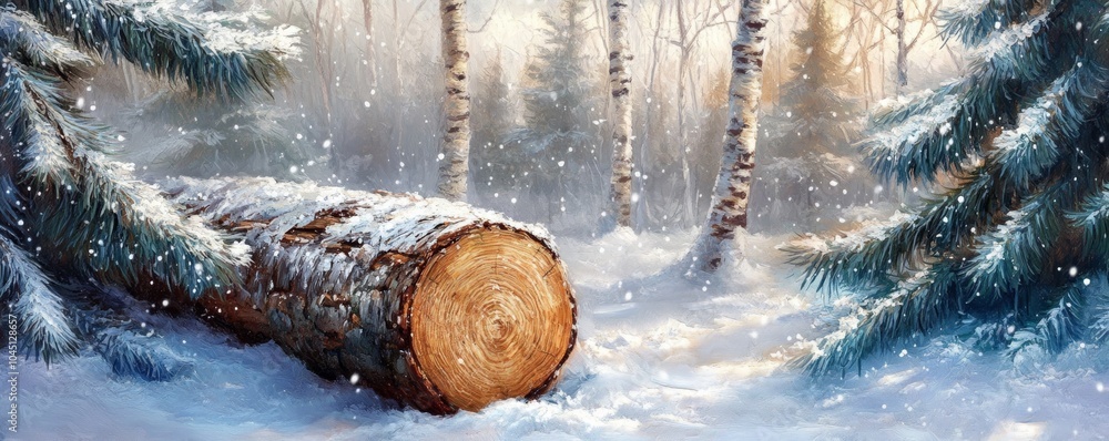 Aufkleber snow falling on birch log in forest setting