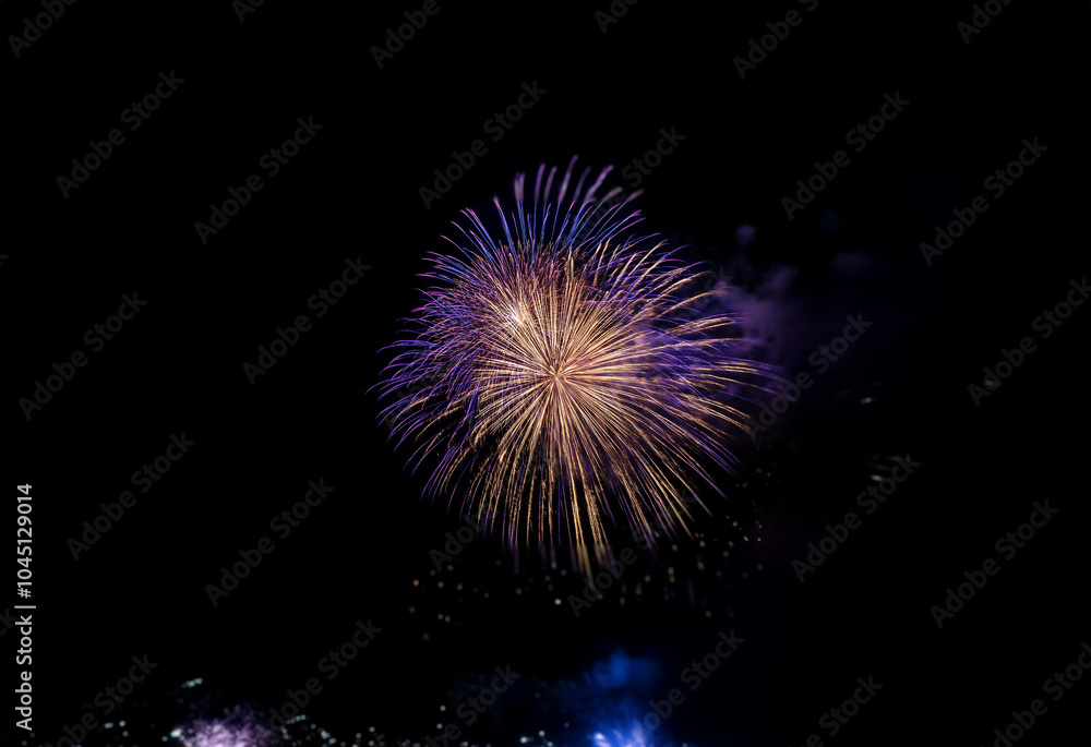 Aufkleber a single firework explodes in a burst of purple and gold against a dark, isolated background.