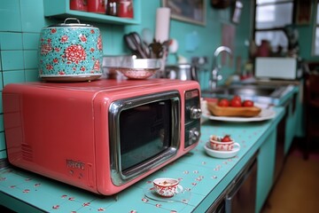 A charming retro kitchen features a vintage-style pink microwave and matching kitchen decor,...