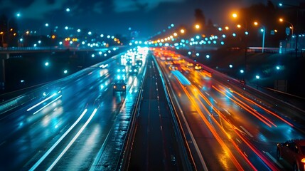 Fototapeta premium Blurred lights of cars driving at night in the city with long exposure effect