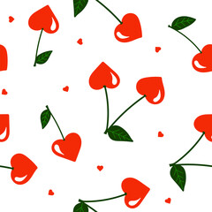 Seamless Cherry pattern with green leaf in cartoon style. Cute trendy design. Vector funky illustration. Cherries in heart shape.