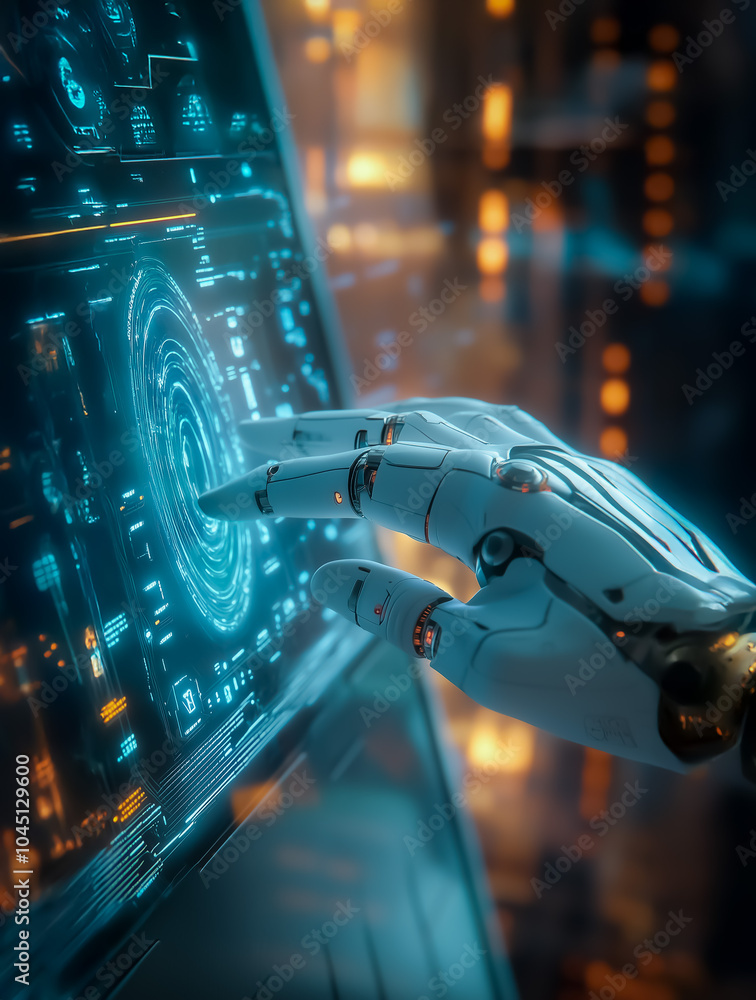 Poster robotic hand interacting with a holographic screen interface, displaying futuristic data and technol