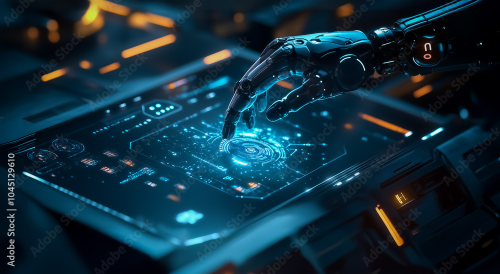 Poster a robotic hand touching a futuristic holographic screen with intricate digital data patterns, symbol