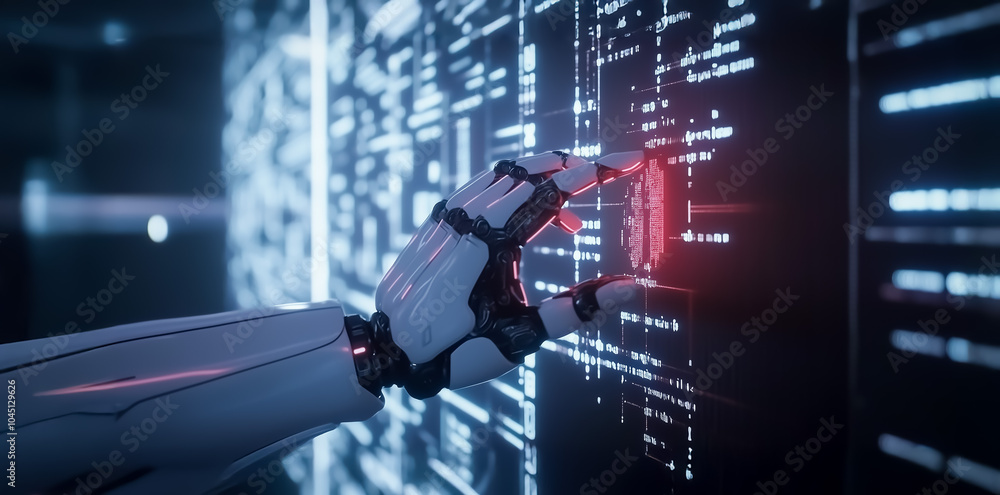 Poster a close-up of a robotic hand reaching towards a glowing holographic display, representing advanced a