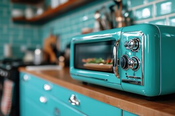 A retro teal toaster oven sits prominently on a wooden countertop in a stylish kitchen with teal backsplash tiles, exuding vintage charm and modern convenience.