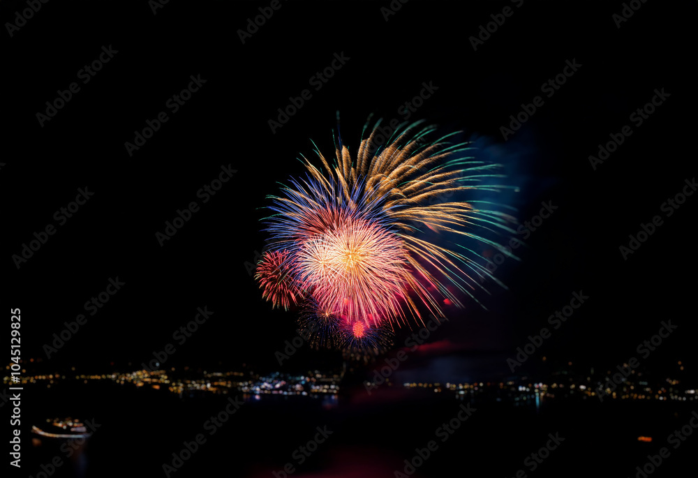 Poster A colorful display of fireworks explodes against a dark night sky, isolated against a backdrop of city lights.