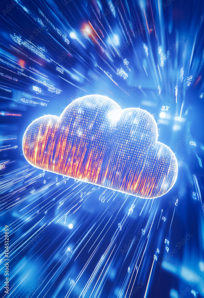 Poster a futuristic digital cloud composed of binary code, glowing in blue and orange hues, representing da