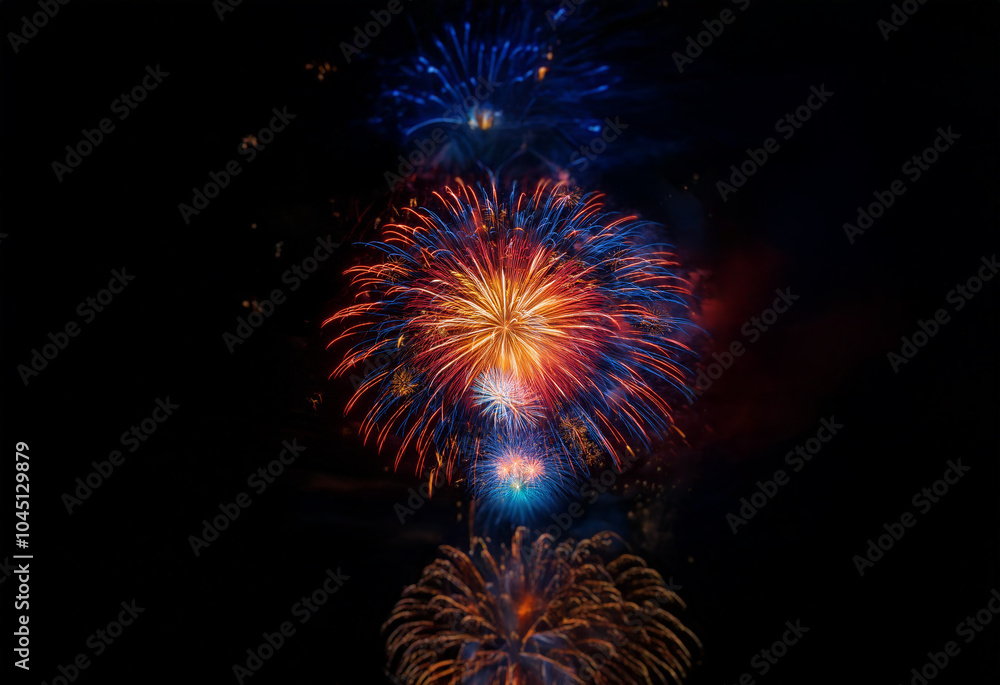 Poster A vibrant display of fireworks explodes against a dark, isolated background.